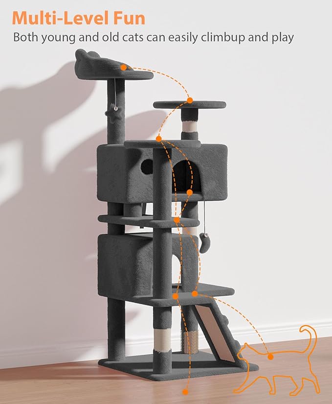 54" Cat Tree Tower for Indoor Cats Large Adult,Cute/Tall Modern Cat Tree for Big Cats 20 lbs, Plush Multi-Level Cat Condo with Scratching Posts,Hammock, Dangling Ball (Smoky Gray, 54 inch)