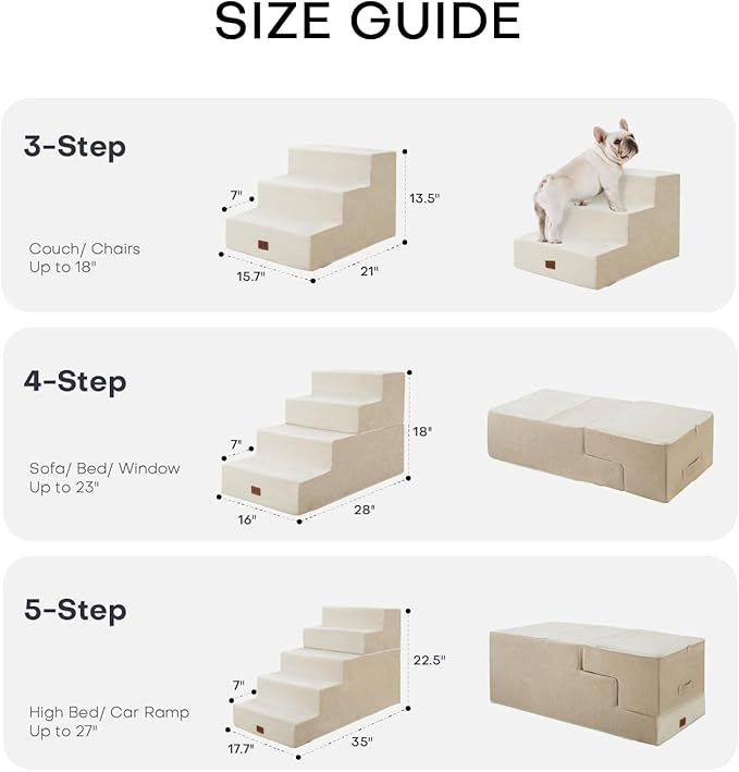Dog Stairs for Bed, Dog Steps for Bed Couch Sofa, 35D Foam Pet Steps for Small Dogs and Cats, Extra Wide Pet Stairs with Non-Slip Bottom Beige, 3 Steps