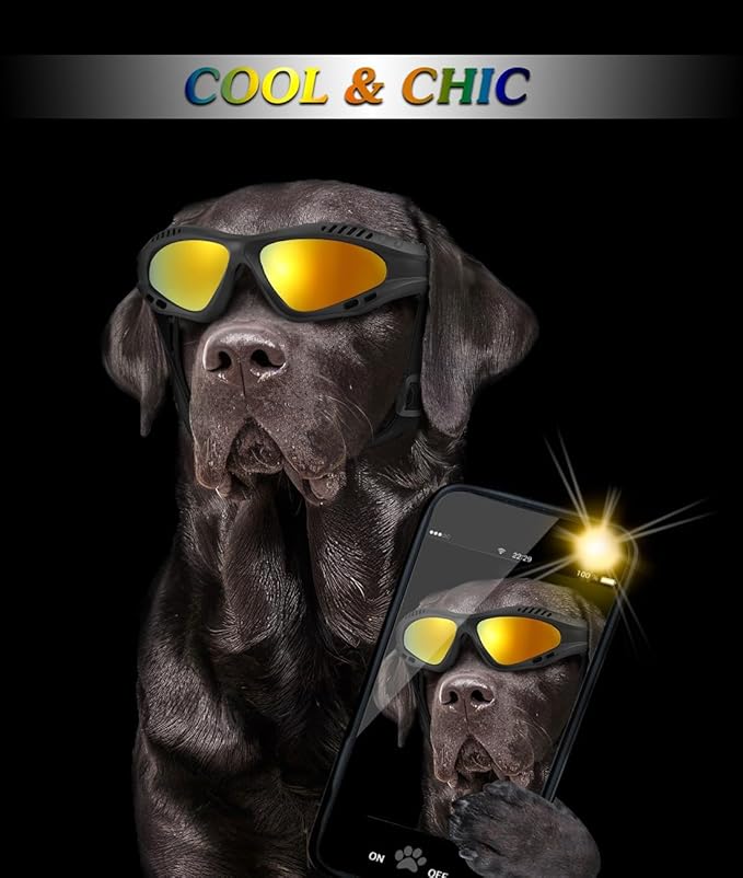 Dog Goggles Large Breed, UV Protection Dog Sunglasses with Sponge Pad and Adjustable Strap, Windproof Dustproof Anti-Fog Eye Protection Glasses for Outdoor Driving Riding, Black