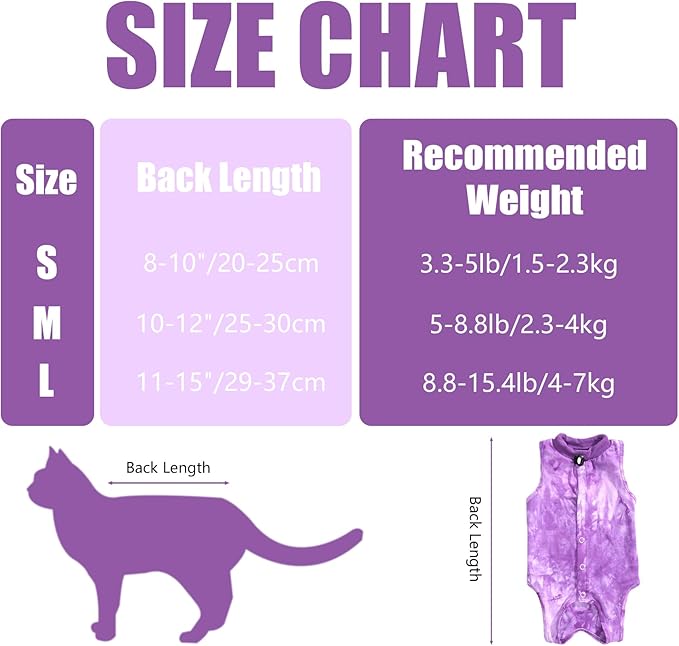 Cat Recovery Suit for Male and Female Surgical Post Surgery Soft Cone Onesie Tie Dye Cats Shirt Clothes Neuter Licking Protective Diapers Outfit Cover Kitten Spay Collar Alternative(Purple, S)