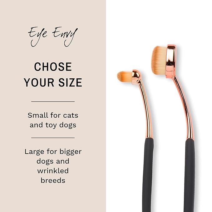 Eye Envy ProPowder Applicator Brush for Dogs and Cats. Use to safely and evenly apply Tear Stain Powder. Small. Washable superfine fiber hair. Long tapered bristles. Ergonomic handle