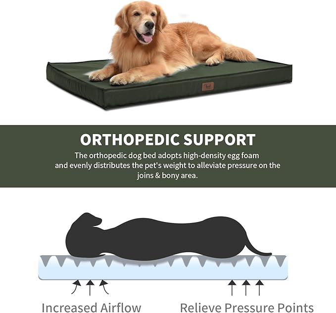 Outdoor Dog Bed for Medium Dogs, Waterproof Dog Crate Bed for Puppy Beds, Orthopedic Egg Crate Foam Pet Bed with Washable and Removable Oxford Cover, Dark Green