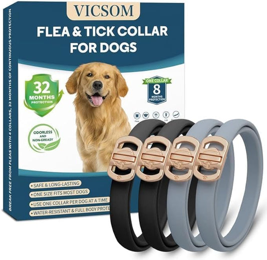 Flea and Tick Collar for Dogs 4 Pack, 32 Months Prevention, Waterproof, Adjustable for Small Medium Large Dogs Puppies (Black and Grey)