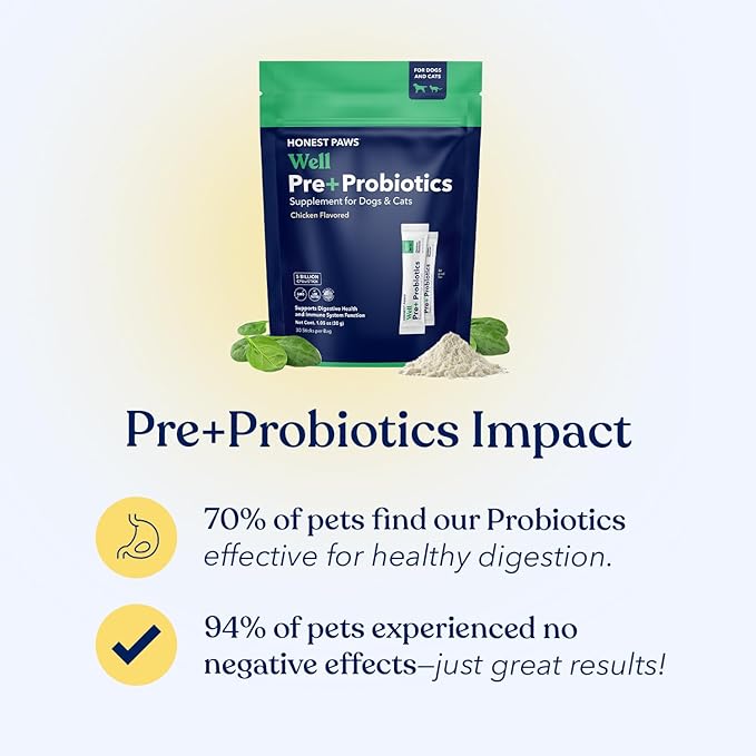 Honest Paws Probiotics for Dogs - Digestive & Immune Support Powder with Prebiotic Made in The USA, Chicken Flavor (30 Sticks)