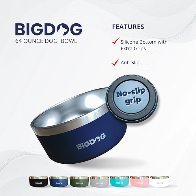 BigDog Dog Bowls, Dog Bowls for Large Dogs, Stainless Steel Dog Bowls, No Spill Dog Bowls, Dog Food and Water Bowl (64 Ounce, Pink)