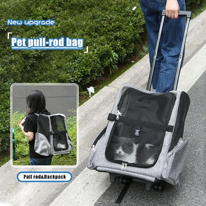 Pet Trolley Bag Cat Dog Travel Bag Portable & Breathable Pet Carrier Backpack - Lightweight Dual-Shoulder Design for Easy Travel with Your Beloved Companion Scalable Pull Rod pet Bag (Red)