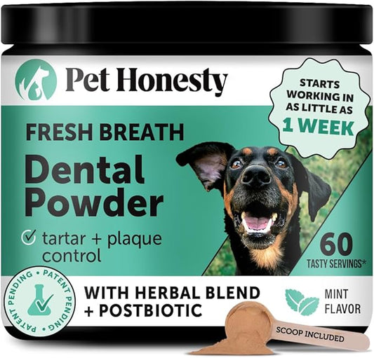 Dog Breath Freshener Dental Powder for Teeth Cleaning Plaque Off, Dental Care for Large Dogs, Tartar Remover for Teeth with Natural Herbal Blend + Postbiotics (Mint - 60 Servings)