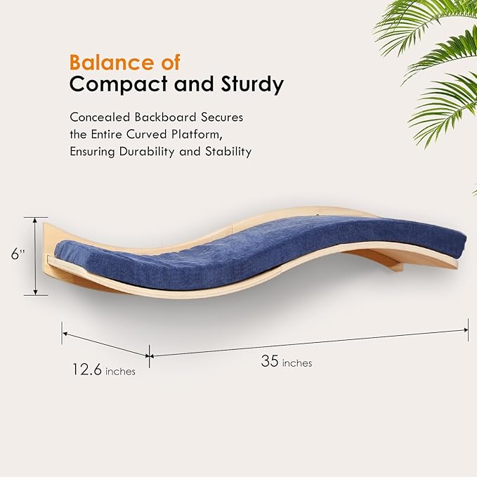 Cat Wall Shelves for Large Cats - Wall Mounted Furniture with Comfortable Cushion, Perfect Perch and Bed for Multi-Cat Households - 35 inch Wavy Shelf for Climbing, Playing, Resting, and Lounging