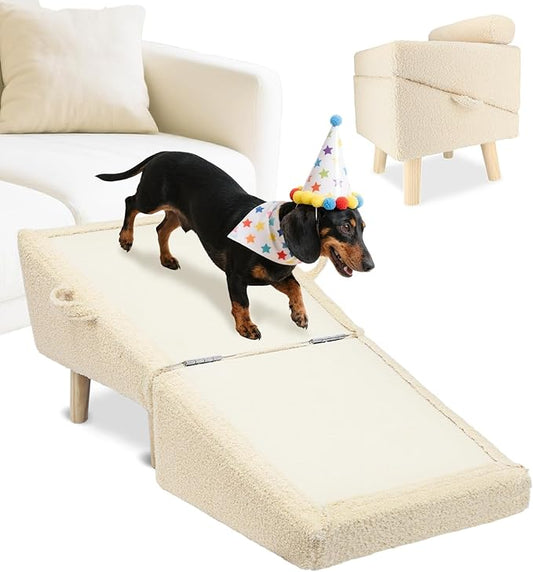 Dog Stairs for Small Dogs and Cats – 2-in-1 Dog Ramp for Bed and Couch, 16.5'' Foldable Wooden Pet Steps, Sturdy Multi-Use Split Ottoman Design, Beige