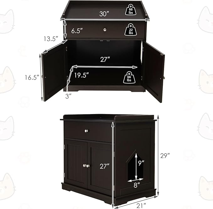 PETSITE Cat Litter Box Enclosure, Large Cat Washroom End Table with Drawer & 2 Doors, Wooden Cat House Storage Cabinet, Hidden Litter Box Furniture, Brown
