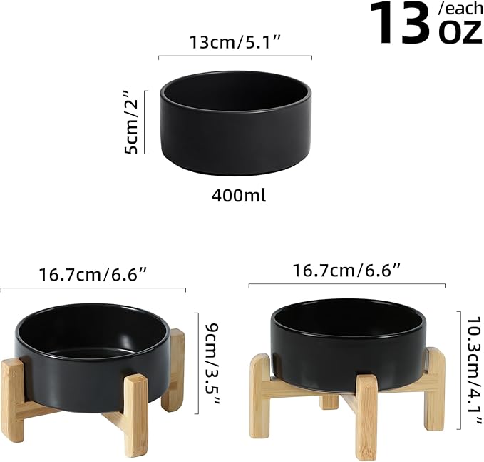 Ceramic Raised Dog and Cat Bowl Set, 2 Heights Elevated Stand, Food and Water Bowl for Small Breed Dogs, Cats, Kitty, Weighted Dog Dishes, Pet Bowls(5.1'',13.5oz, Black)
