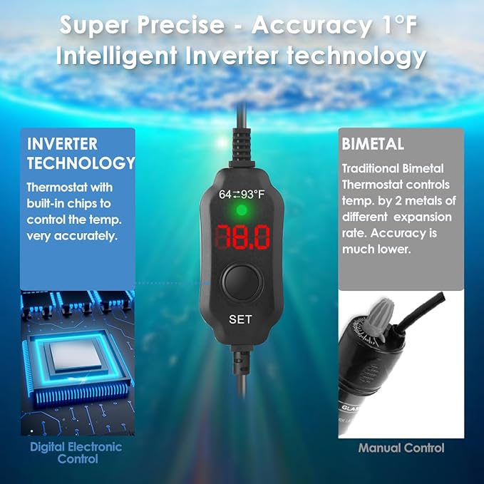 Super Compact 200W Fish Tank Heater, Submersible Aquarium Heater with LED Digital Display Thermostat, Adjustable Fish Heater for 20-40 Gallon Tanks
