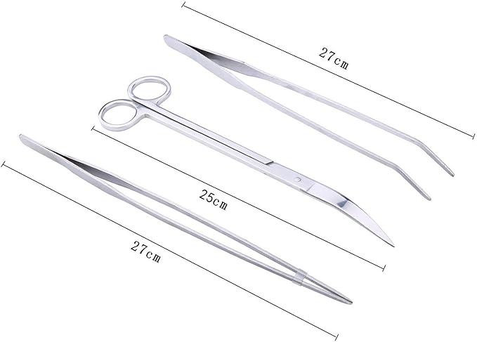Aquarium Tweezer Set - FEITA Long Stainless Steel Curved & Straight Aquarium Feeding Tweezers Scissors Maintenance Tools Kit (3 Pcs)