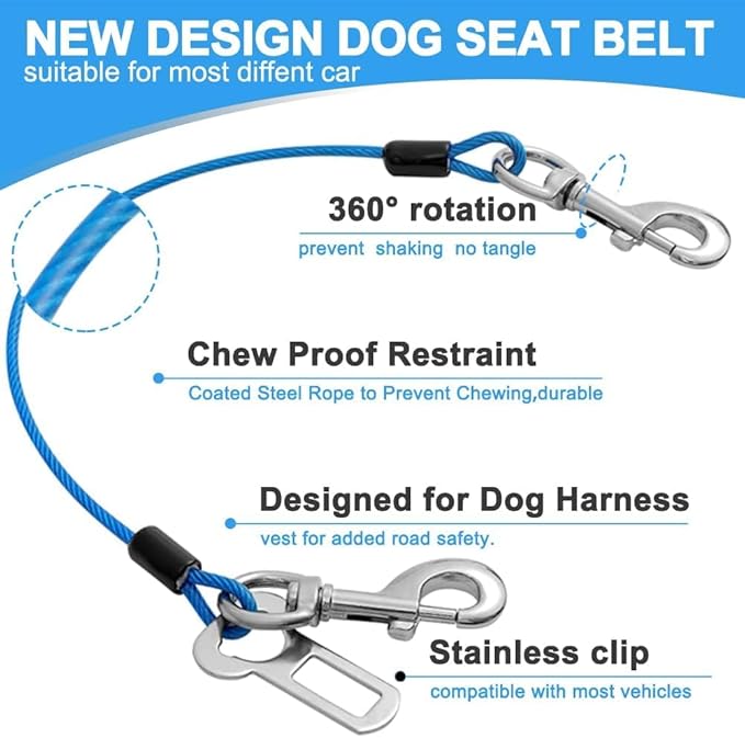 Dog Seat Belt Harness for Car,2pcs Dog Seatbelt of Coated Wire Leash Safety Restraint,No Chew Tether Cable Vehicle Dogs Accessories,Double Clips & Latch (Blue, 24 inch/60 CM)