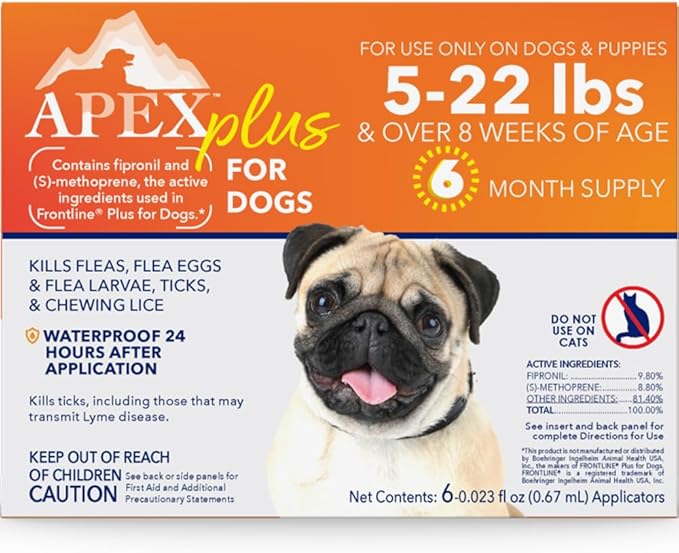 Apex Plus Flea and Tick Prevention for Dogs | Small (5-22 lbs) | 6-Month Supply | Dog Flea and Tick Treatment | 24-Hour Activation, Waterproof, 30-Day Protection