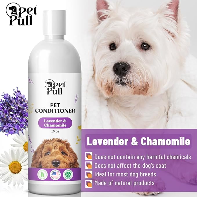 Dog Conditioner Puppy Essentials - Moisturizing Conditioner for Dogs with Lavender and Chamomile Scent - Plant Based Dog Bath Supplies Detangle and Revive Pet's Coat - Made in USA (16 Oz)