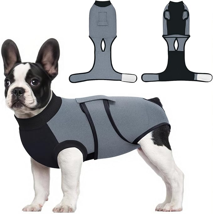 Idepet Dog Recovery Suit Female,Dogs Onesie Suit Surgery Male Breathable Pet Bodysuit for Spay Neuter E-Collar & Cone Alternative Surgical Suit Puppy Abdominal Anti Licking Wounds Shirt (Gray, XS)