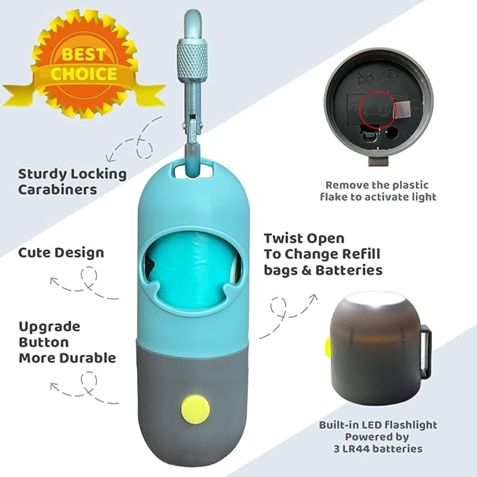 Dog Poop Bag Dispenser with Built-in LED Flashlight and Metal Clip for Leash, Pet Waste Bag Holder, Dog Walking Accessory (Cystal Blue)