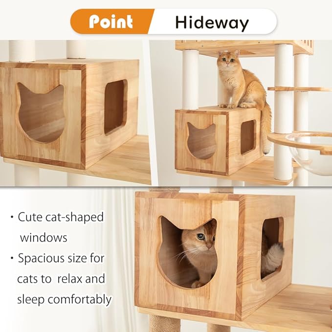 74.8" Wooden Cat Tree Tower for Large Cats, Multi-Level Cat Climbing Furniture with Scratching Posts, Cat Condo & Hammock, Natural Wood Cat Activity Center (White)