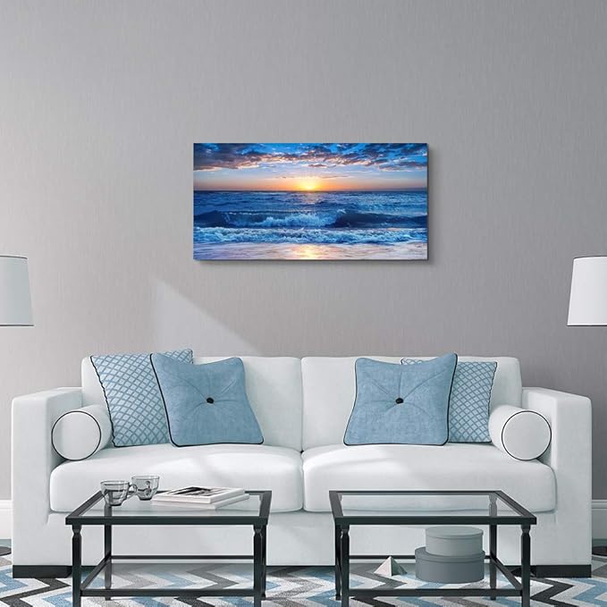 Canvas wall art for living room Blue Ocean Sea sun landscape painting bathroom Wall Decor Ready to Hang for Home Decorations office family bedroom kitchen Works canvas Prints pictures 30" x 60"inch