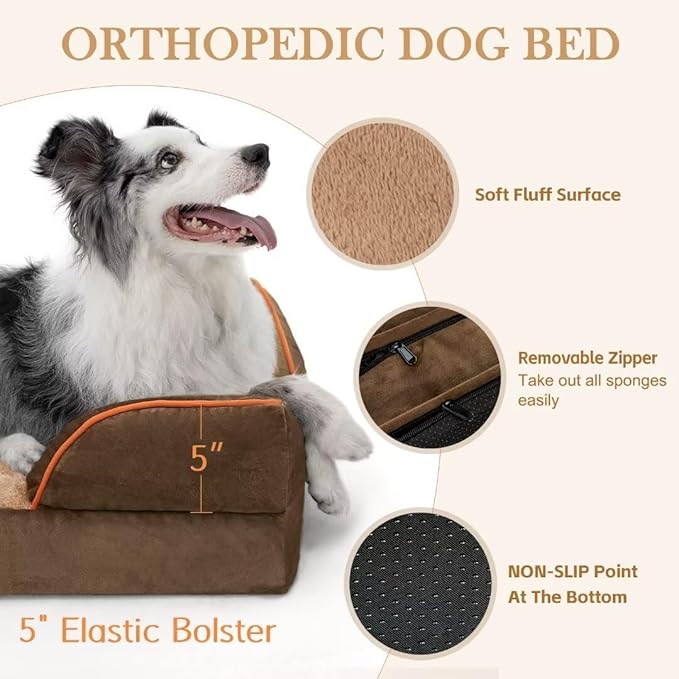 Comfort Expression Dog Bed for Extra Large Dogs, Orthopedic Memory Foam Dogs Beds, XL Dog Bed with Removable Cover, Waterproof Pet Beds Large with Bolster(X-Large,Khaki Brown)