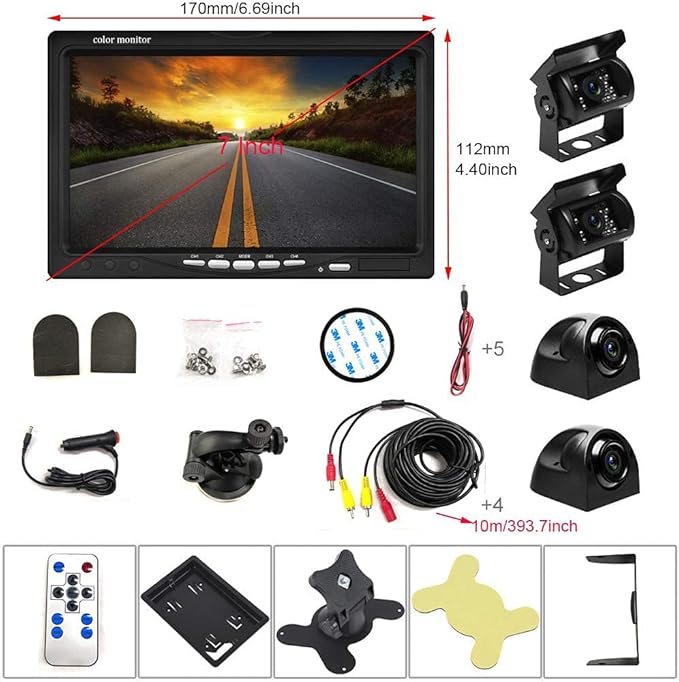 Backup Camera Kit 7 inch 4-Spilt Monitor Rear View Cameras with IP 67 Waterproof 18 IR Night Vision Car Camera for Tucks, RVs,Trailers,Bus,Vans + 4pcs 10m/393.7inch Cables