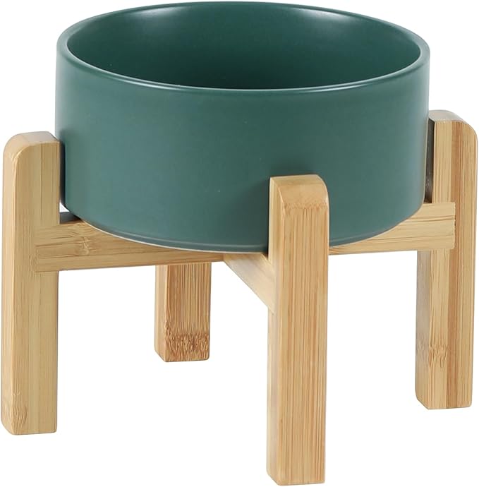Ceramic Raised Dog and Cat Bowl Set, 2 Heights Elevated Stand, Food and Water Bowl for Small Breed Dogs, Weighted Dog Dishes, Pet Bowl(6.1'',28.7oz, Green)