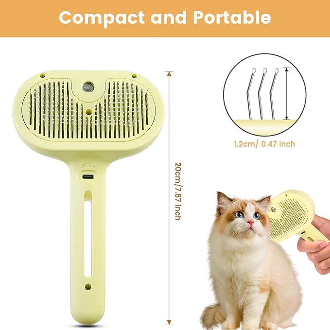 3 in 1 Cat Steam Brush, Pet Spray Hair Removal Comb for Shedding & Grooming, Water Brush for Cats Dogs Small Animals Long Short Haired with One-Click Release Button(Yellow)