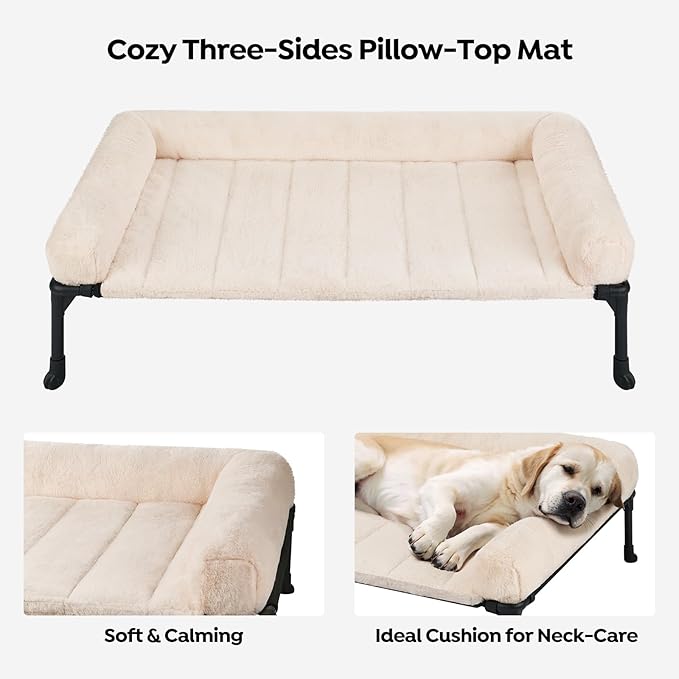 Veehoo Cooling Elevated Dog Bed with Fluffy Plush Bolster Cushion, Indoor Raised Dog Beds for Large Dogs, Soft Pet Sofa Cot with Removable Washable Mat, No-Slip Feet, 32 x 25 inches, Cream White