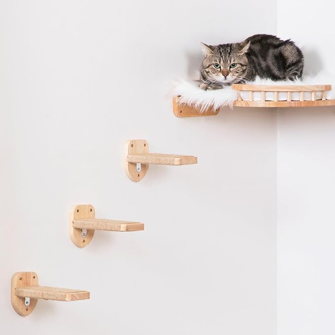 3pcs Cat Wall Steps, Climbing Mounted Furniture, Shelves With Hemp Rope Covered, Solid Wood Ladder for Playing and Climbing (Standard-Wood)