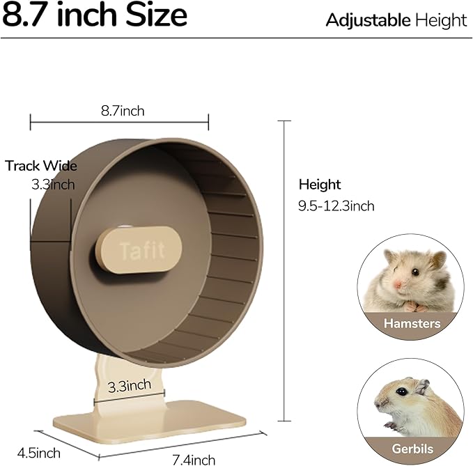 Silent Hamster Wheel 8.7 Inch Dual-Bearings Small Animals Quiet Running Exercise Wheels, Height Adjustable for Dwarf Hamsters, Gerbils, Mice, Hedgehog, or Other Small Pets, Grape Purple