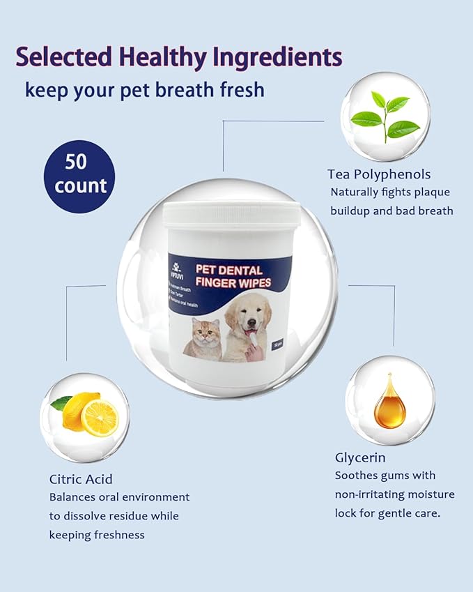 Dog Dental Wipes – Pet Teeth Cleaning Finger Pads for Dogs & Cats, 50 Count – Remove Plaque & Tartar, Freshen Breath, Easy Oral Care, Tea Polyphenol Formula