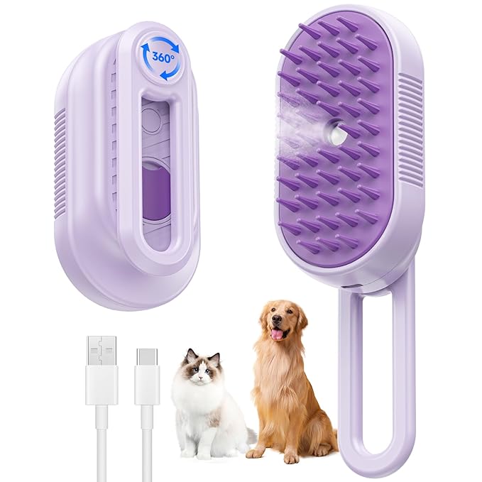 Cat Steam Brush for Shedding, 4 in 1 Rechargeable Steam Brush for Cats and Dogs, Anti-Static, Massage, Cleaning, Shedding & Combing All In One! (purple)