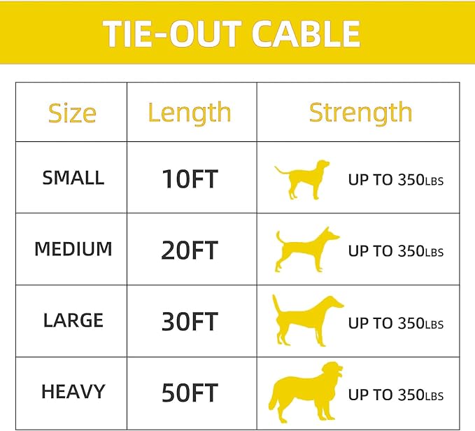 Dog tie Out Cable, 10/20/25/30/50/70/100 feet, Suitable for Dogs up to 350 pounds, Dog Cable with Swivel Buckle, Lightweight, Non-Winding, for Outdoor Camping, Chain for Yard (Yellow, 10FT)