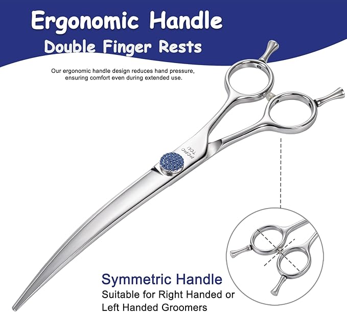 7'' Dog Grooming Scissors CNC 440C Blades Sharp and Durable Polished Curved Dog Shears with Blue Diamond Adustable Screws Easy to Use for Groomer and Home User