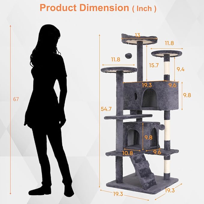 54.7 inches Cat Tower for Indoor Cats Multi-Level Cat Condos for Cat Tree Cat Climbing Tower with Scratching Posts, Hanging Toys,Ashy