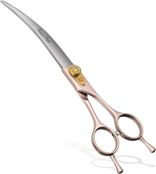 Fenice Peak Professional Curved Dog Grooming Scissors 8'' Rose Gold 440C Stainless Steel Pet Cutting Shears Safety Trimming Shearing for Dogs Cats