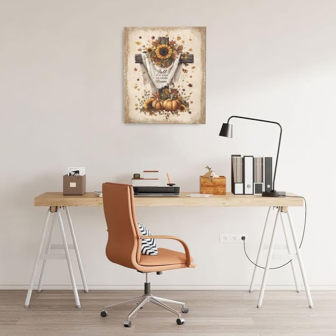 Christian Fall Wall Art Autumn Rustic Cross Sunflower Pumpkin Wall Decor Fall for Jesus He Never Leaves Pictures Painting Print Framed Artwork Decorations Gifts for Living Room Bedroom Prayer Room Office 20"x24"