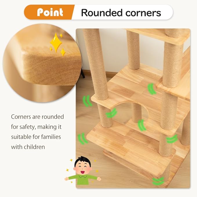 74" Wooden Cat Tree Tower for Large Cats, Multi-Level Cat Climbing Furniture with Scratching Posts, Cat Condo & Hammock, Natural Wood Cat Activity Center (White)