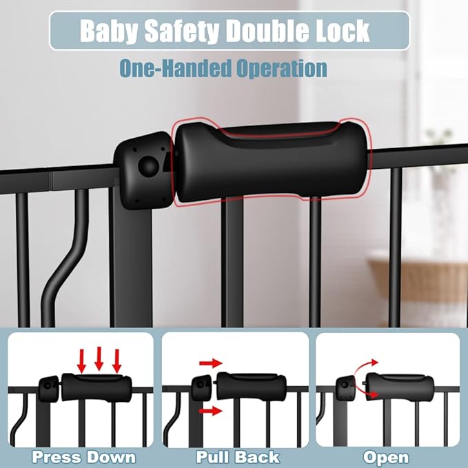 Extra Wide Baby Gate Black 34-38.5 Inch Wide Walk Through Pressure Mounted No Drill Long and Large Tension Metal Gate for Dog and Toddler