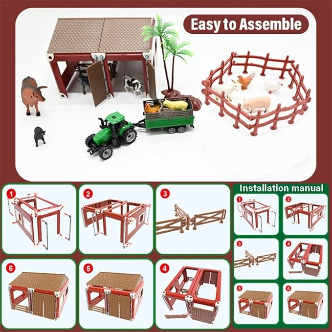 BOLZRA Mini Barn Playset, 66PCS Plastic Animals Figurines and Fence, Farm Figures Farmer Vehicle Toy Truck with Trailer for 3-12 Years Old Kids Boys Girls Toddlers