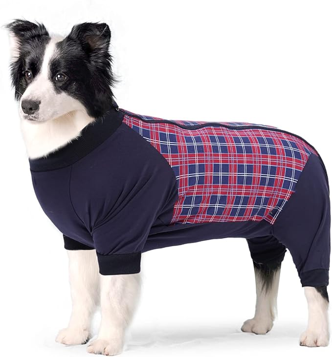 Dog Recovery Suit, Abdominal Wound After Surgery Wear, Anti Licking Bodysuit with Zipper, E-Collar & Cone Alternatives, Plaid Dog Spay Surgical Onesie Prevent Shedding(Large, Red)