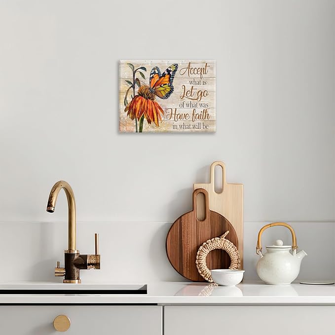 Farmhouse Butterfly Bathroom Pictures Wall Art, Rustic Floral Country Bathroom Wall Decor, Daisy Inspirational Framed Painting Canvas Artwork for Bedroom Living Room Decorations 16"L x 12"W