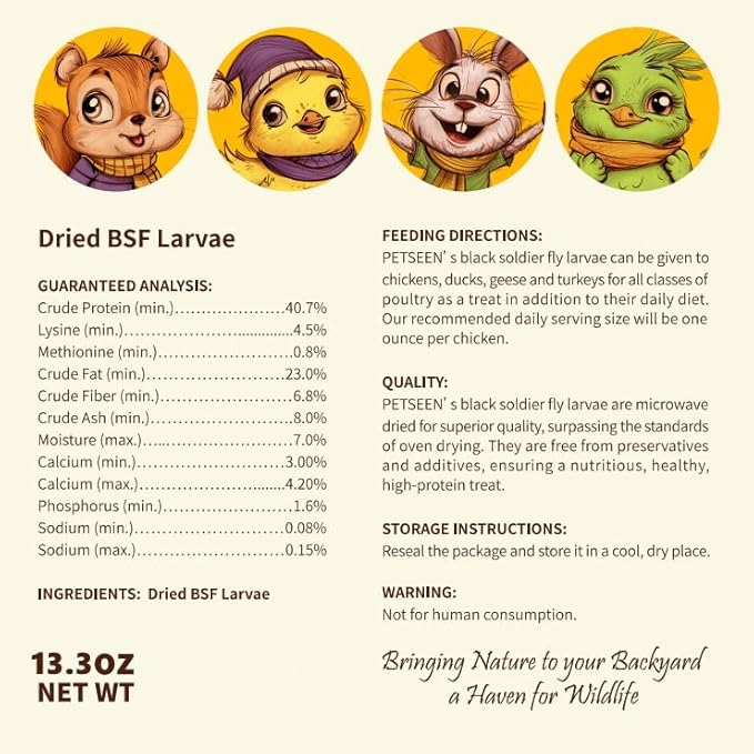 Dried Black Soldier Fly Larvae, 100% Natural, Non-GMO, High-Protein Treats for Chickens, Layer Hens, Wild Birds, Ducks, 13.3 oz, Pack of 4