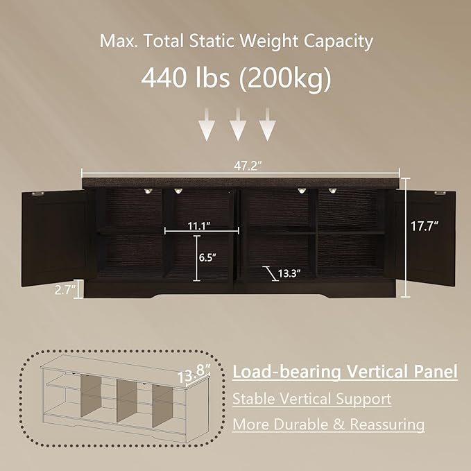 DINZI LVJ Shoe Bench, Entryway Storage Bench with Doors, Cushion, 2-Tier Shoe Rack with 8-Cubby, 47.2”L x 13.8”W Shoe Organizer Cabinet, Adjustable Shelf, Living Room, Bedroom, Espresso with Rattan