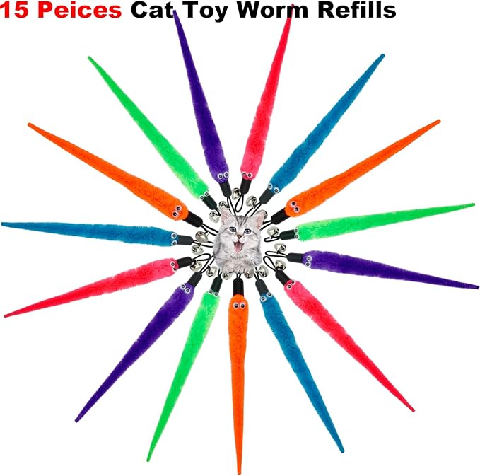 Cat Worm Toy Refills, 15 Pieces Cat Wand Attachments Worms Toy for Indoor Cats