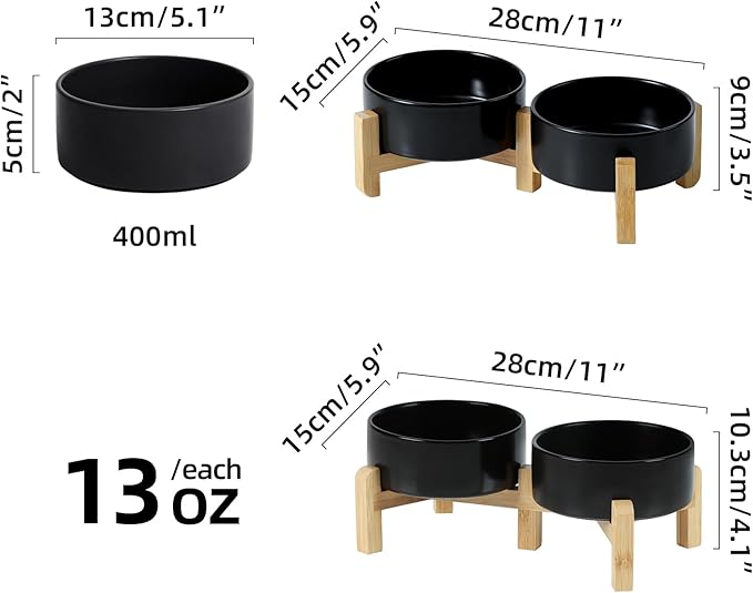 Ceramic Raised Double Bowls Set with Stand, 2 Heights Elevated, Food & Water Bowls for Small Breed Dogs, Cats, Kitty, Weighted Dog Dishes, Pet Bowls(5.1'',13.5oz, Black)