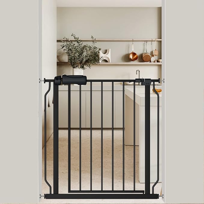 Black Baby Gate 29-34 Inch Wide Walk Through Pressure Mounted Safety Gate with Door No Drill Tension Metal Gate for Dog Cat and Toddler