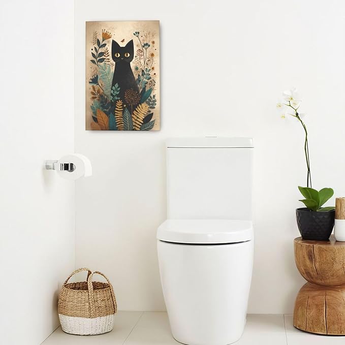 Boho Black Cat Wall Art Kitten Botanical Wall Decor Mid Century Modern Canvas Painting Print Minimalist Pictures Artwork Framed Decorations Gifts for Cat Lover Bathroom Nursery Living Room Bedroom Kitchen 16"x24"