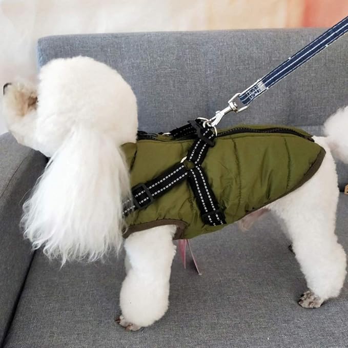 HDKUW Small Dog Jacket, Small Dog Coat Harness Winter Warm Vest Jacket Waterproof Cotton Costume for Puppy Small Dogs (S, Green)